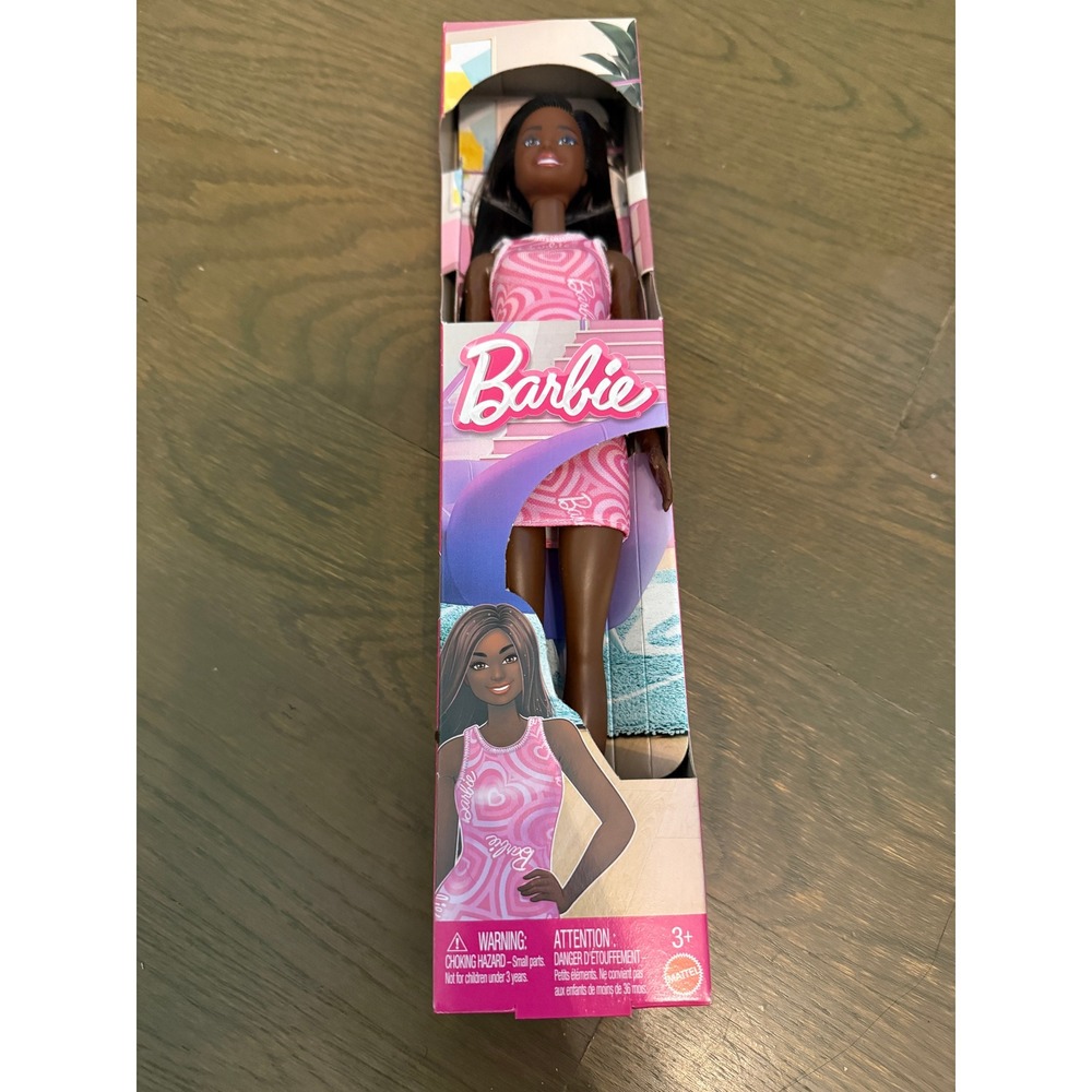 Mattel Barbie Doll Brunette in Pink Swirl Logo Dress New in Box